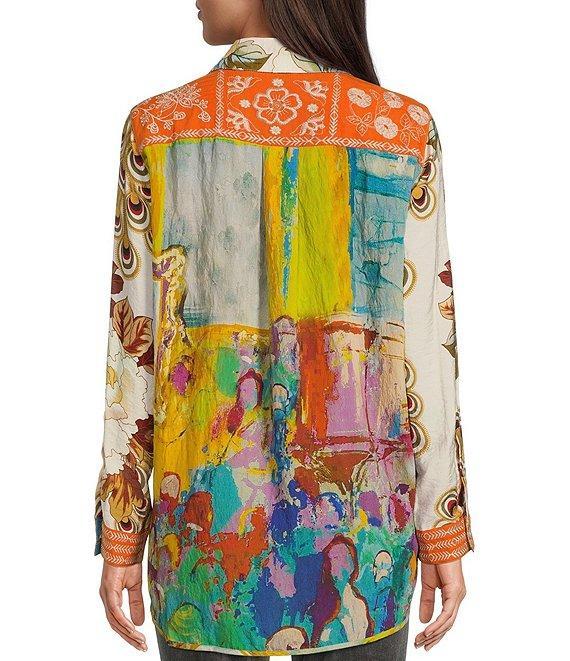 John Mark Point Collar Button Front Long Roll-Tab Sleeve Embroidered Panel Multi Print Tunic Product Image