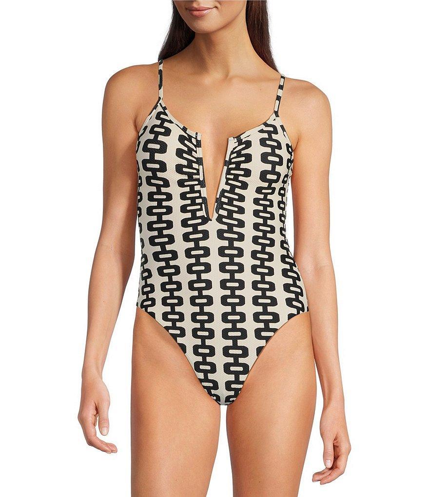 Gianni Bini Retro Fille Textured Pique V-Wire Plunge One Piece Swimsuit Product Image