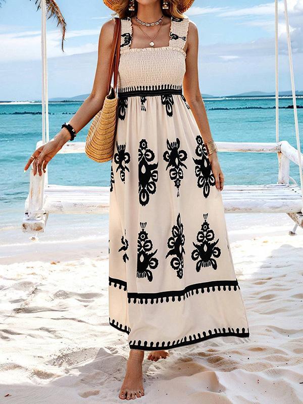 A-Line Loose Elasticity Pleated Printed Split-Joint Square-Neck Maxi Dresses Product Image