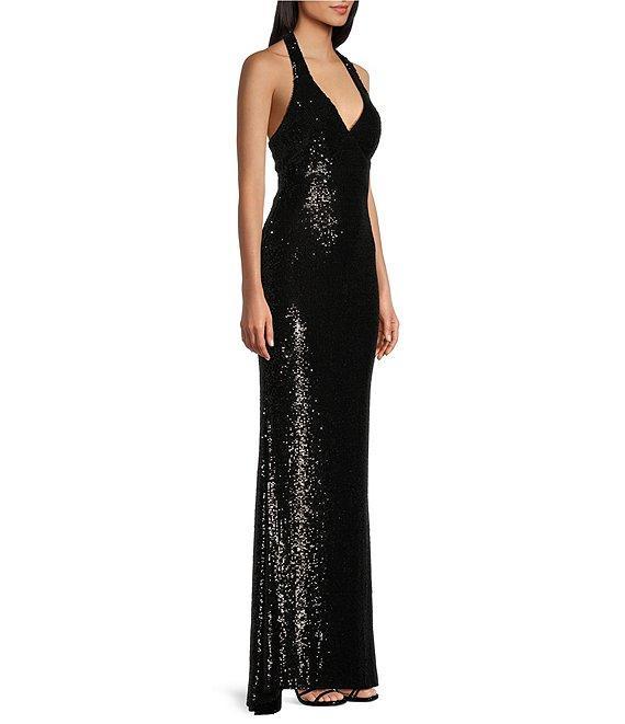 B. Darlin Allover Sequin Sleeveless Halter V-Neck Dress Product Image