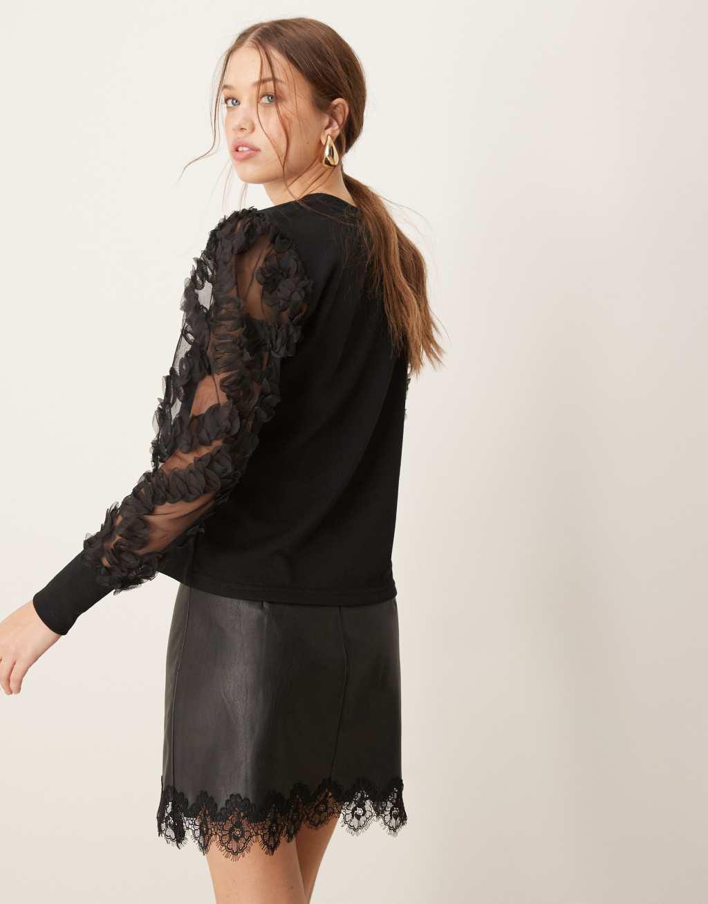 JDY mesh flowers sleeve sweater in black Product Image