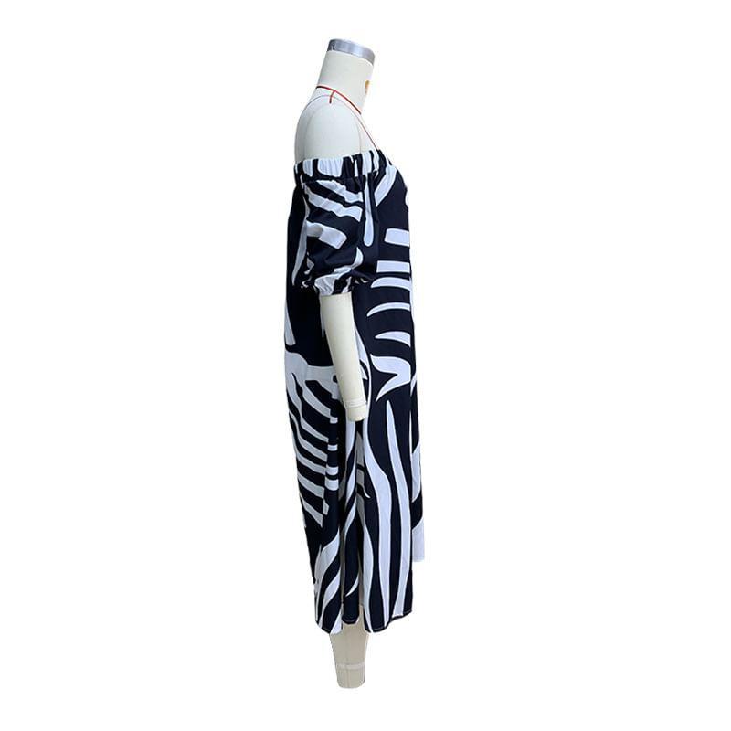 Off Shoulder Zebra Print Maxi A-Line Dress Product Image