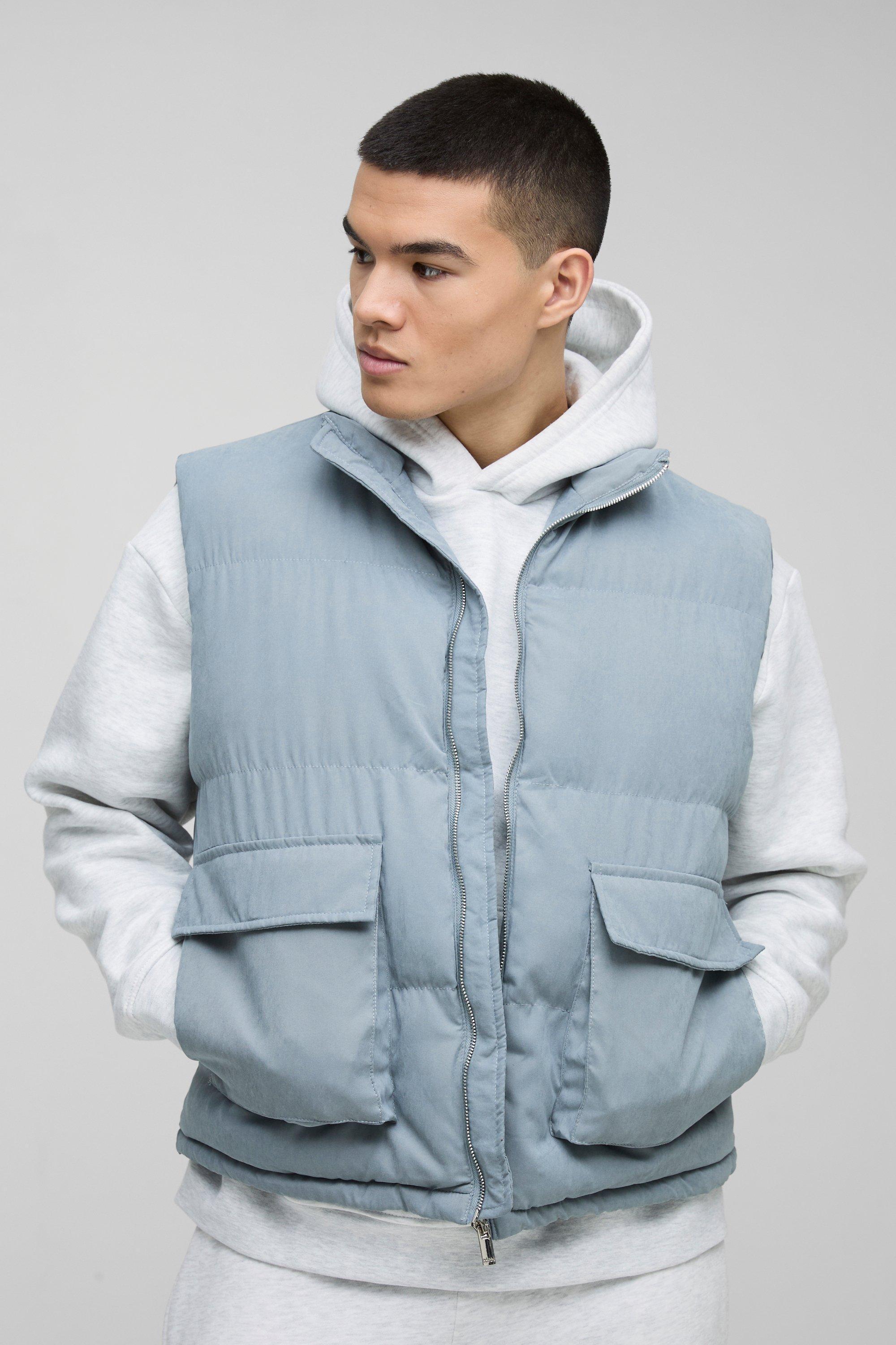 Boxy Faux Suede Funnel Neck Gilet In Blue | boohooMAN USA Product Image