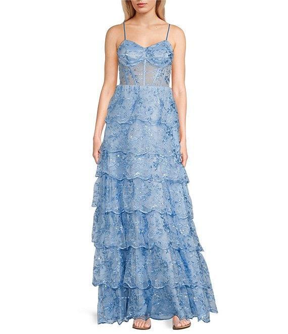 Next Up Spaghetti Strap Sequin Embroidered 7-Scallop Edge Ruffle Dress Product Image