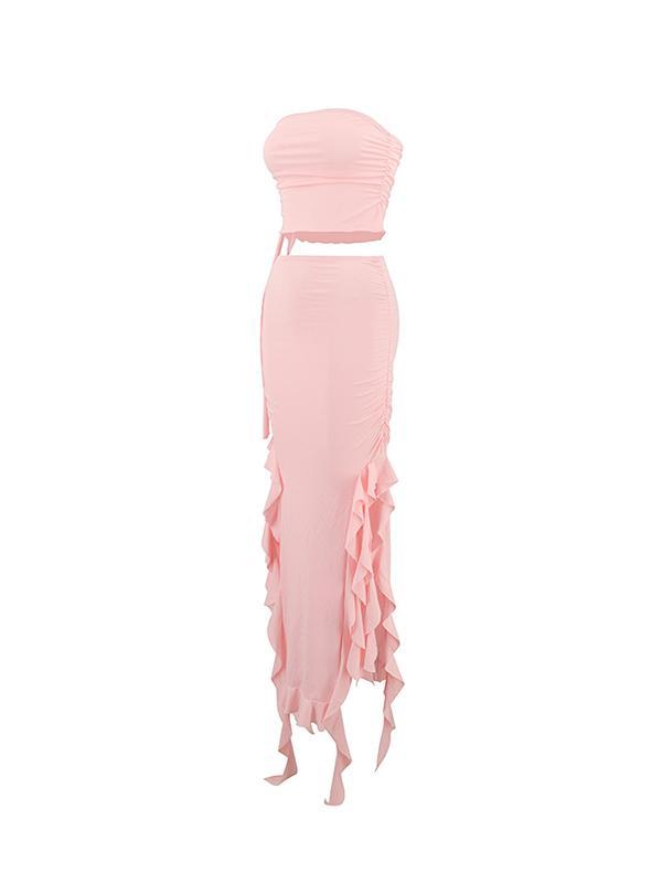 Solid Ruched Cropped Bandeau Top & Ruffled Trim Split Skirt Set Product Image