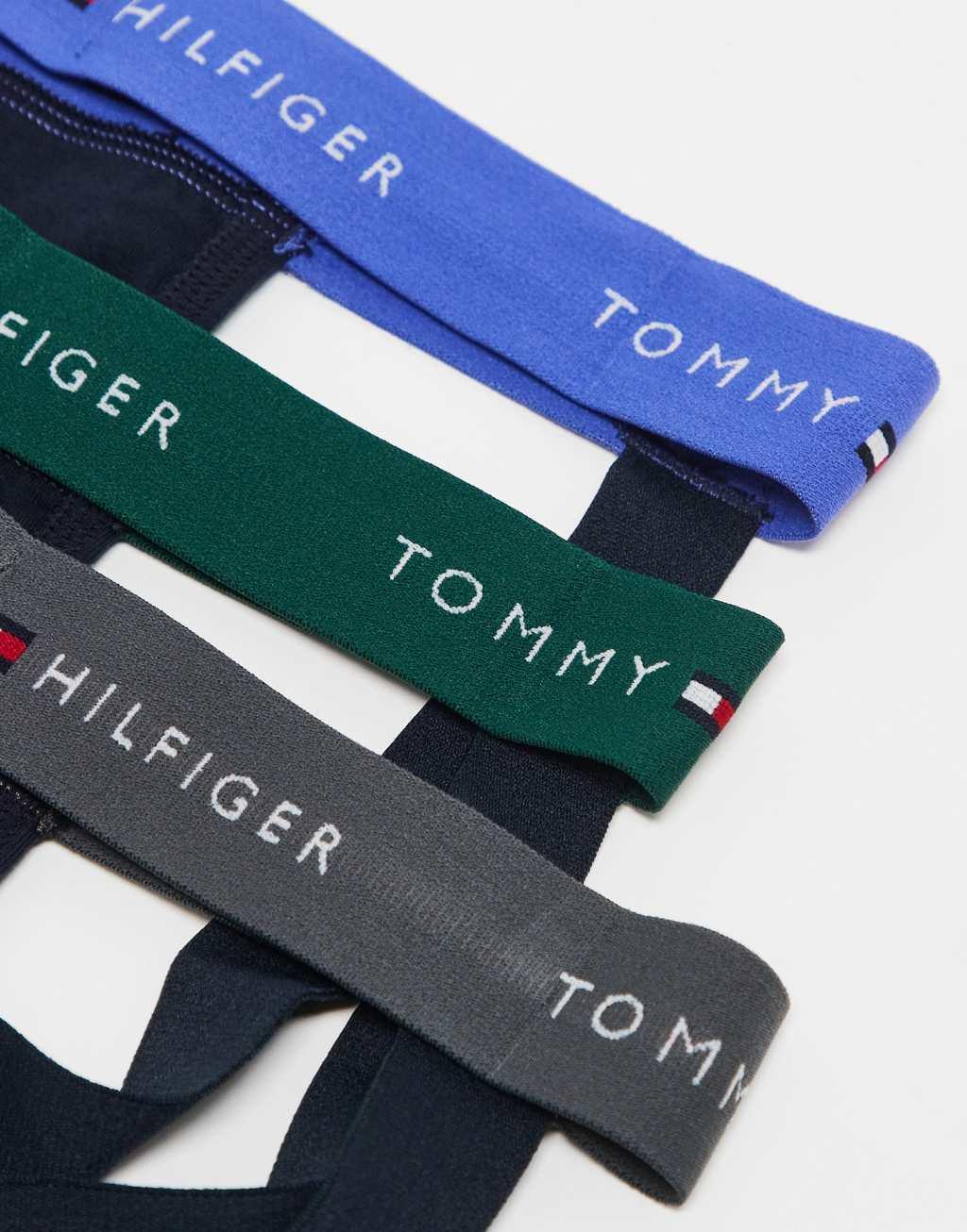 Tommy Hilfiger Signature Essential 3 pack jock strap with colored waistband in black Product Image