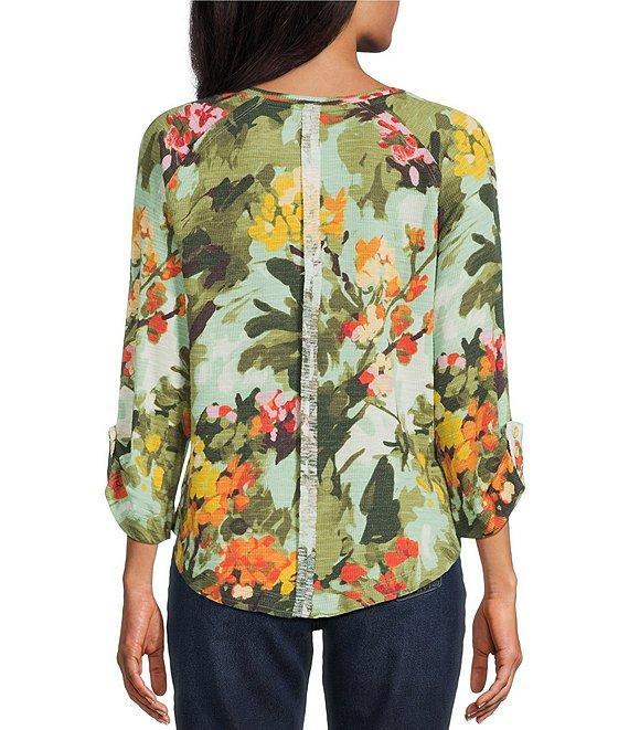 Westbound Knit Beryl Green Wild Bouquet 3/4 Bell Sleeve V-Neck Top Product Image