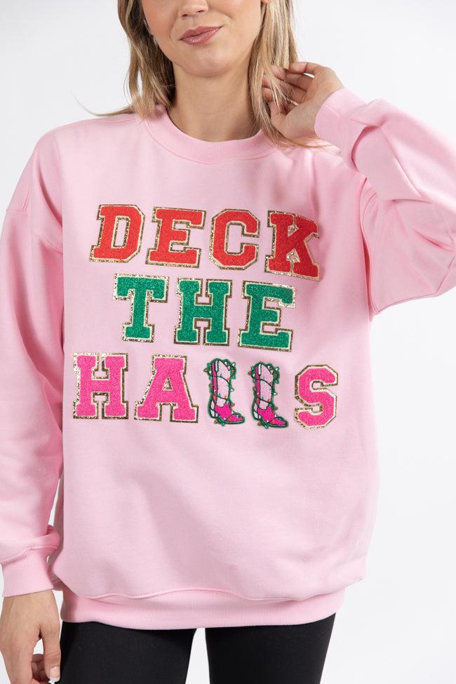 Deck The Halls Chenille Patch Light Pink Oversized Graphic Sweatshirt FINAL SALE Product Image