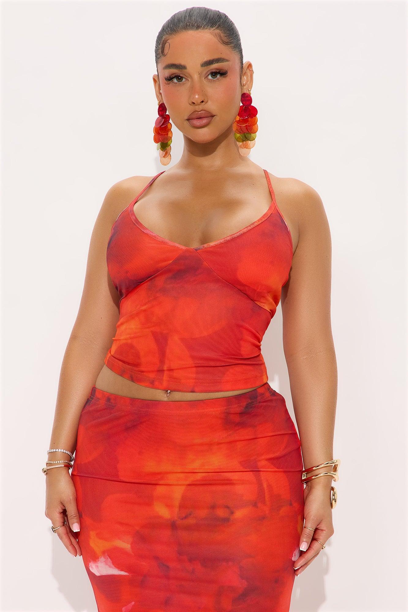 Coastal Mesh Cami Top and Maxi Skirt Set - Red/combo Female Product Image