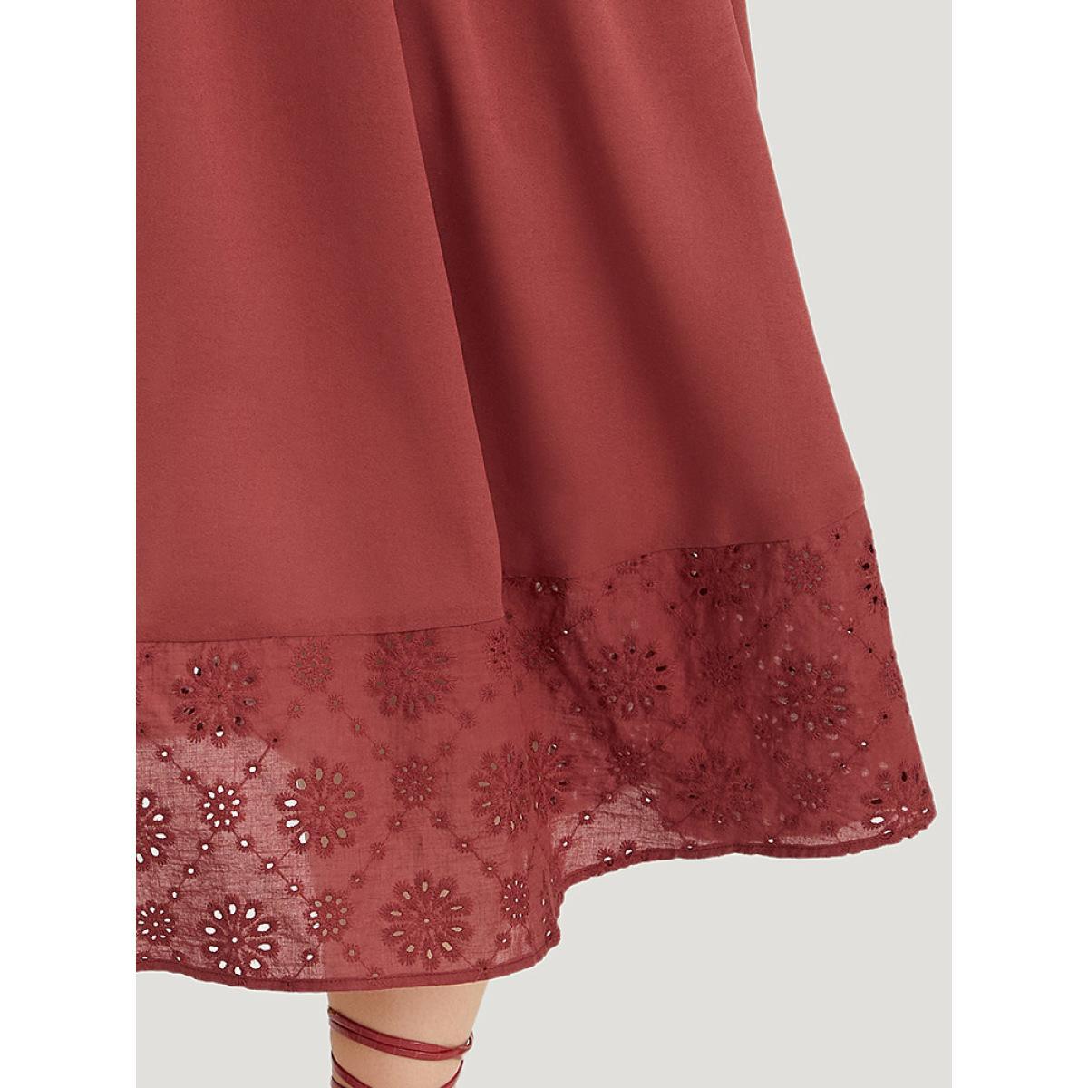 Plus Size Plain Elastic Cuffs Pocket Laser Cut Dress Russet Women Elegant Elastic cuffs V-neck Elbow-length sleeve Curvy Midi Dress BloomChic 14-16/1X Product Image