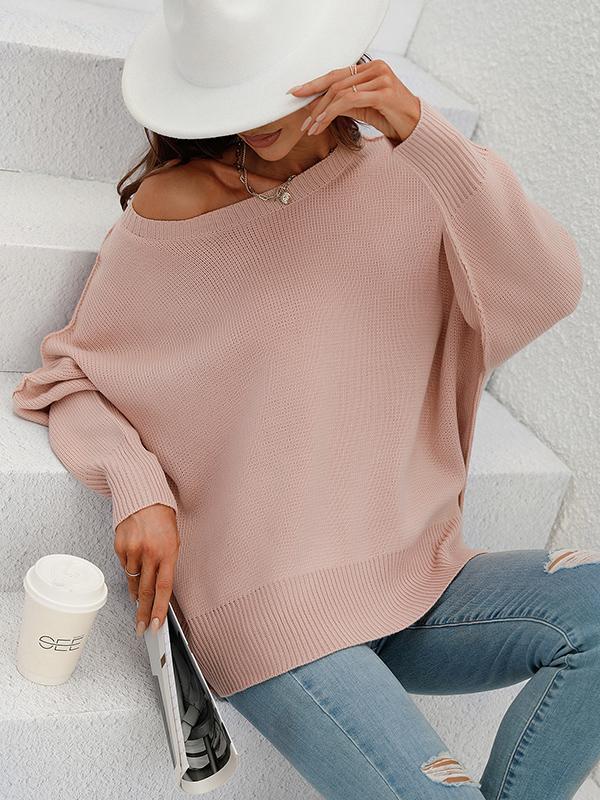 Casual Long Sleeves Loose Split-Side Solid Color Round-Neck Sweater Tops Product Image