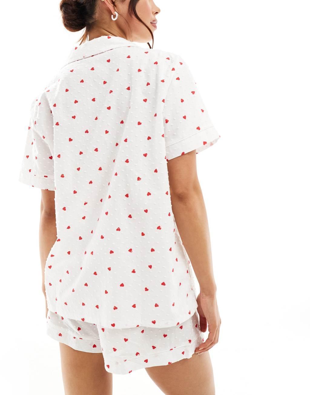 Loungeable heart printed textured short sleeve shirt & shorts pajama set in ivory Product Image