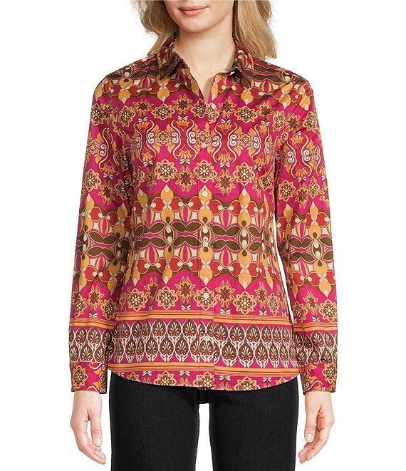 J.McLaughlin Lois Printed Stretch Sateen Point Collar Long Sleeve Button Front Blouse Product Image