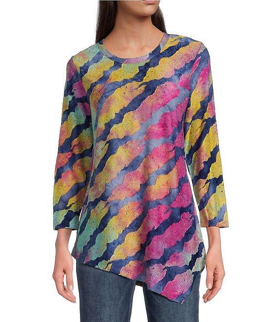 Calessa Burnout Tie Dye Asymmetrical Crew Neck 3/4 Sleeve Tunic Product Image