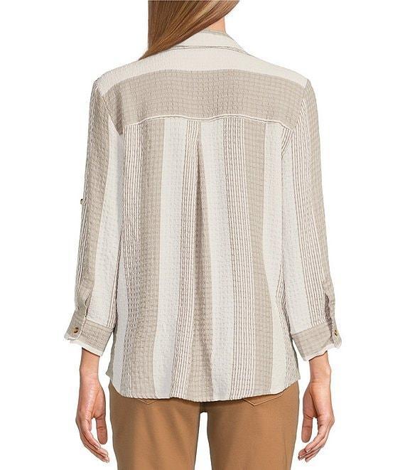 Intro Woven Stripe Point Collar Long Roll-Tab Sleeve Button Front Shirt Product Image