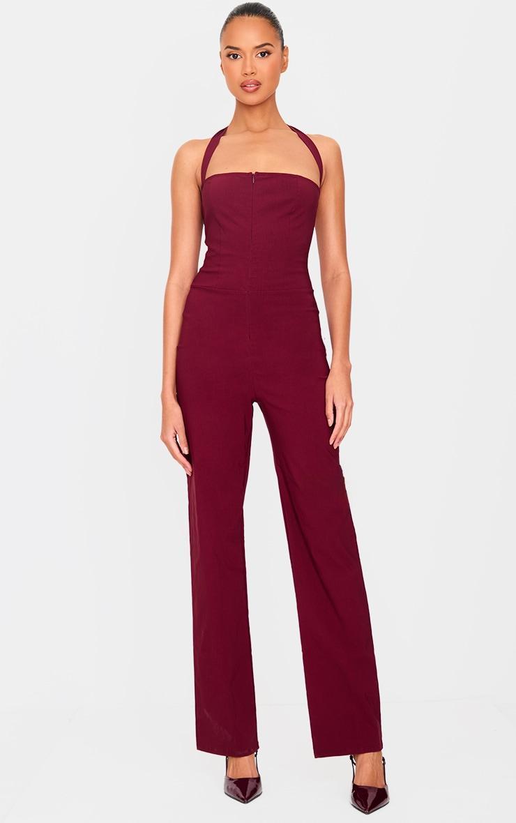 Burgundy Stretch Woven Thick Halterneck Strap Straight Leg Jumpsuit Product Image