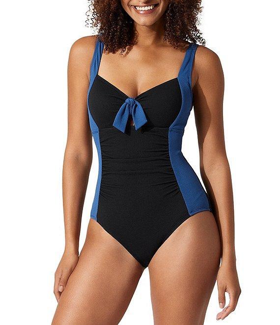 Tommy Bahama Island Cays Color Block Tie Front Tummy Control Tank One Piece Swimsuit Product Image