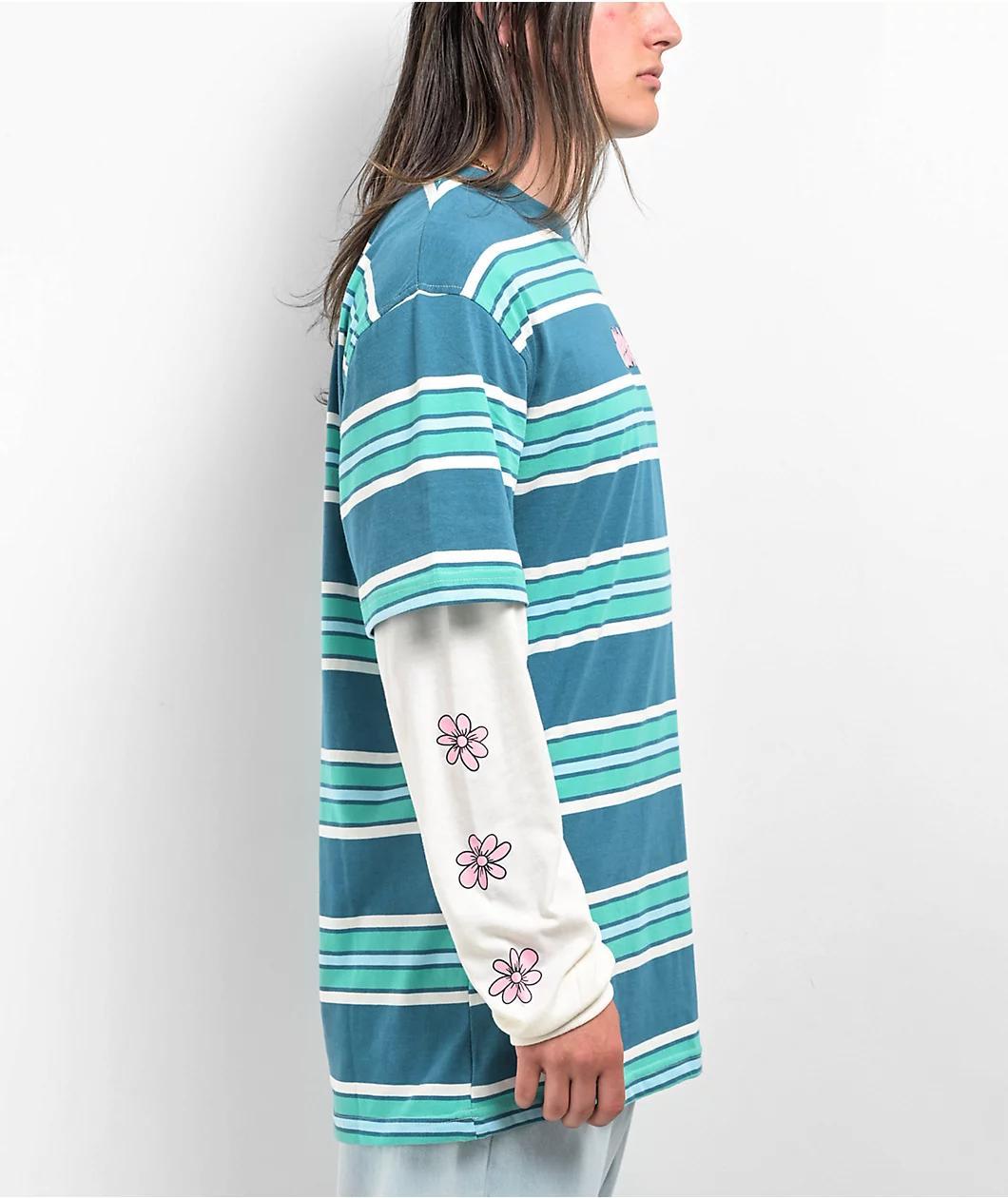 Salem7 Flower Power Blue Stripe 2Fer Long Sleeve T-Shirt Product Image