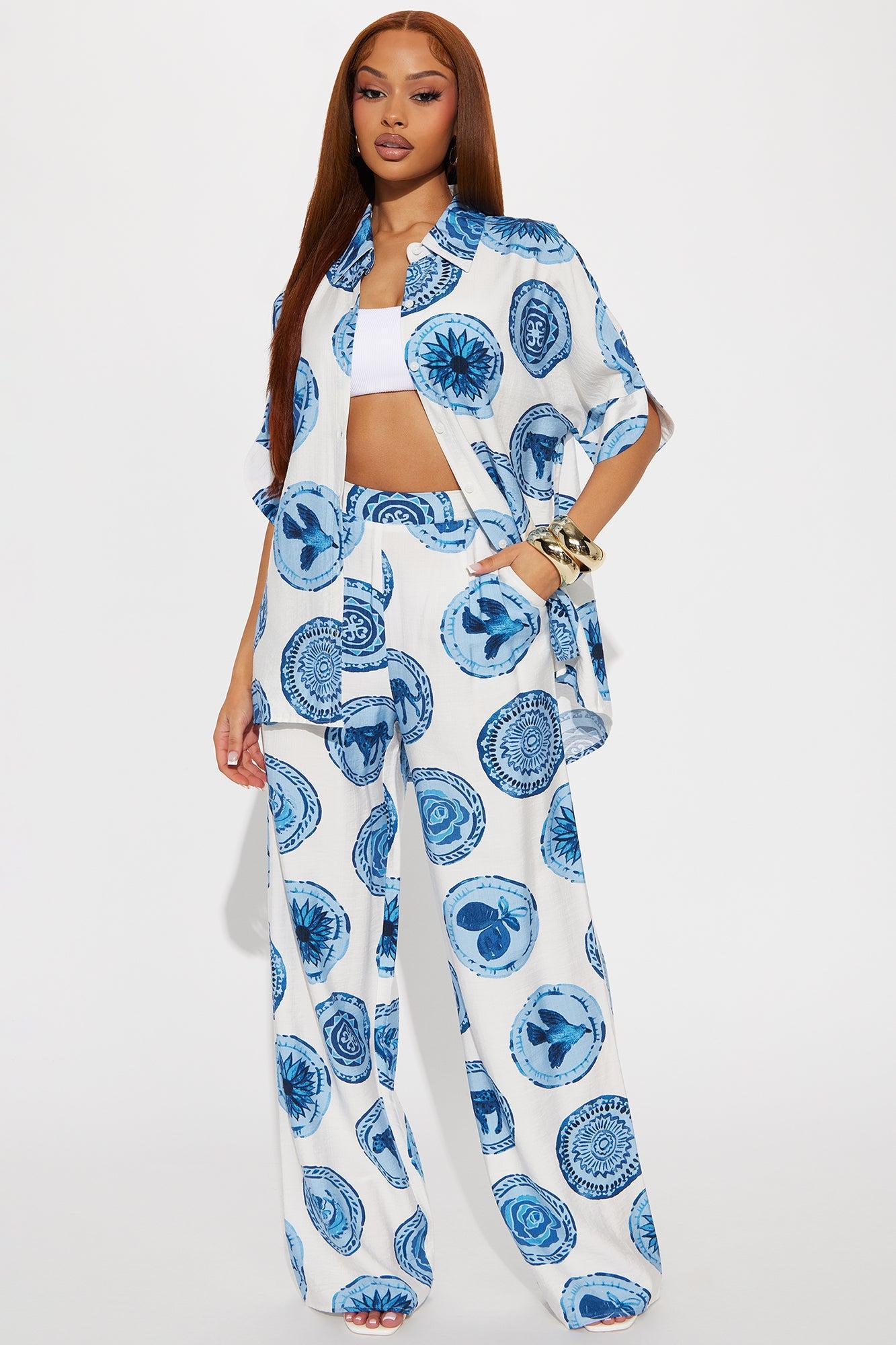 Sunny Escape Linen Pant Set - Blue/combo Product Image