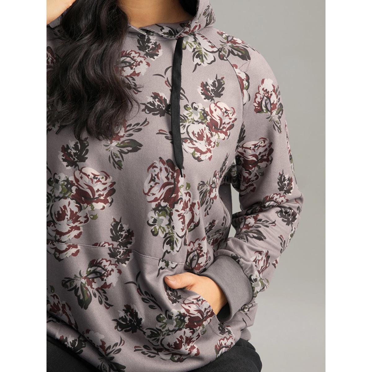 Plus Size Floral Drawstring Hooded Kangaroo Pocket Sweatshirt Women Gray Elegant Printed Hooded Dailywear Sweatshirts BloomChic 26/4X Product Image
