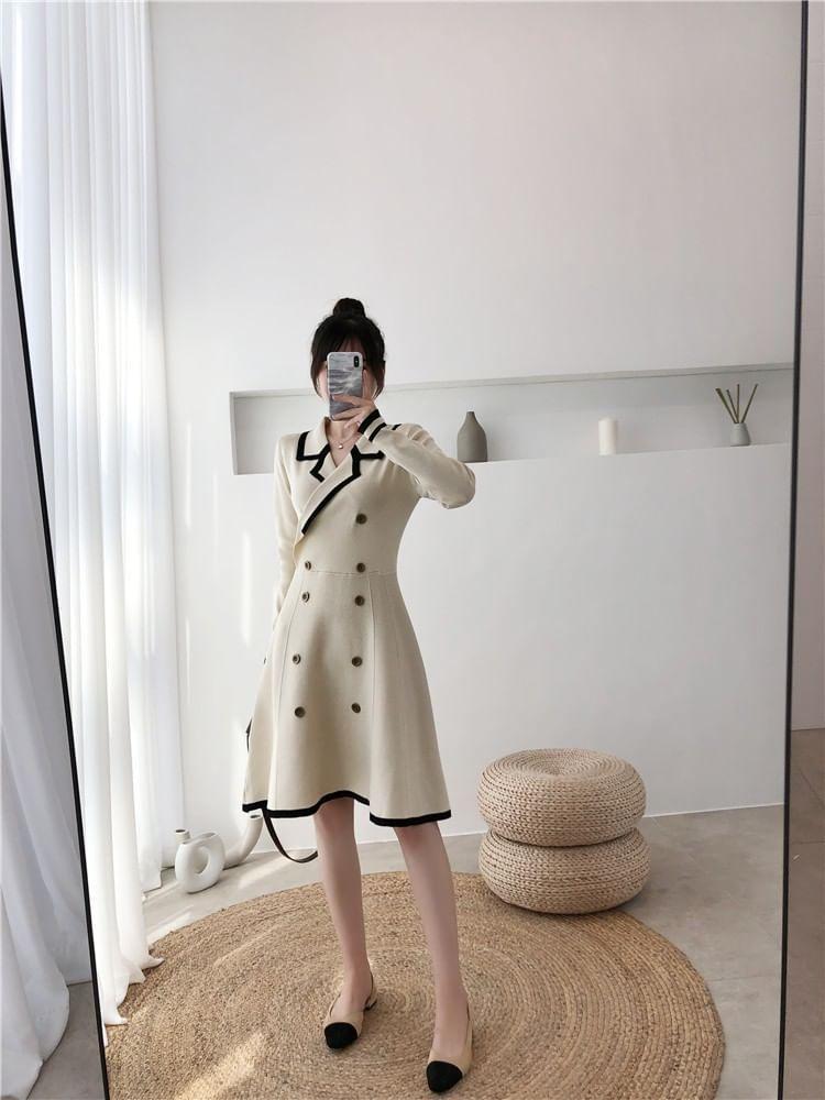 Long-Sleeve Double Breasted Knit A-Line Dress Product Image