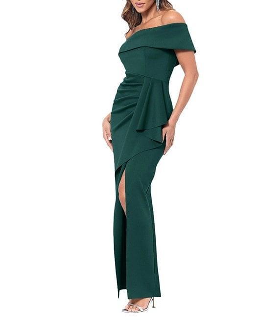 Xscape Off the Shoulder Scuba Crepe Ruched Bodice Ruffle Front Gown Product Image
