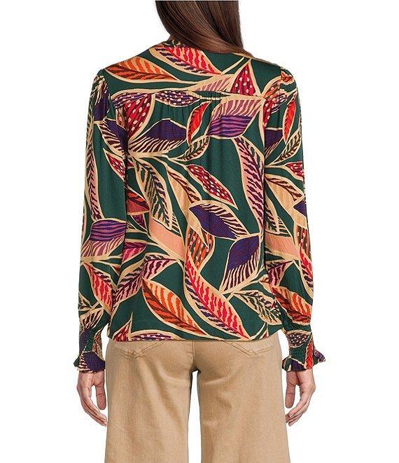 Democracy Woven Leaf Print Double Ruffle Yoke Notch V-Neck Long Sleeve Top Product Image