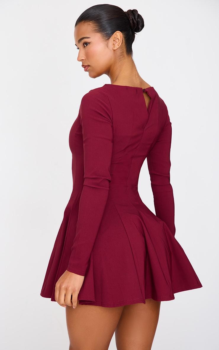 Burgundy Stretch Woven Boat Neck Long Sleeve Pleated Shift Dress Product Image