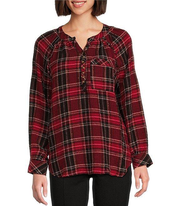Intro Woven Plaid Split V-Neck Long Sleeve Shirttail Hem Popover Blouse Product Image