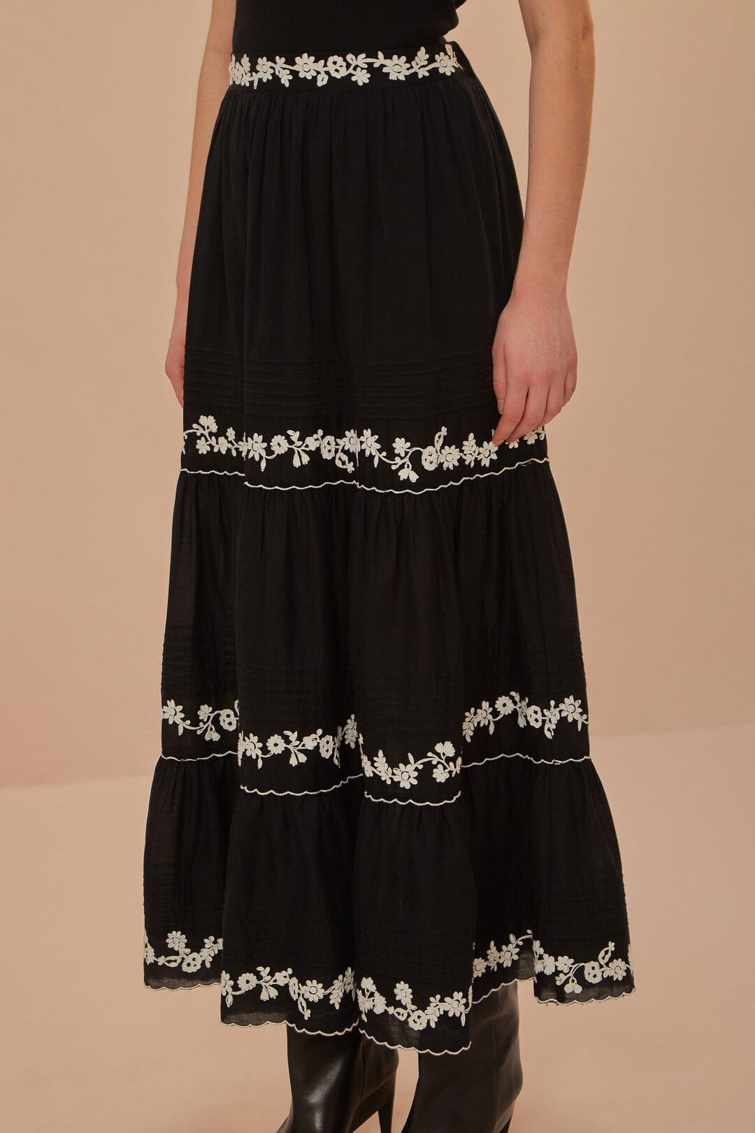 Black Embroidered Ruffle Maxi Skirt, BLACK / XXS Product Image