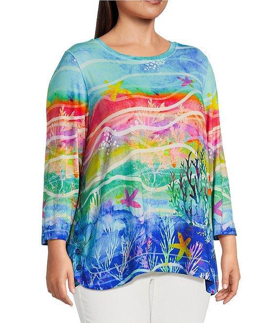 Ali Miles Plus Size Knit Aquatic Style Print Round Neck 3/4 Sleeve Tunic Product Image