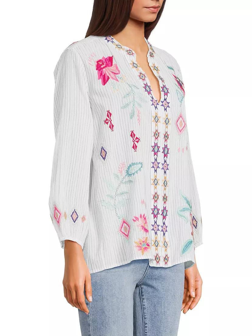 Paris Embroidered Cotton Split-Neck Blouse Product Image