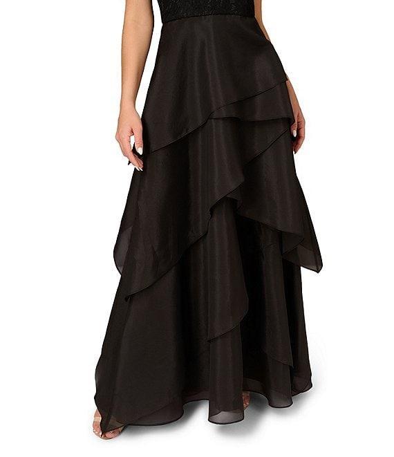 Aidan Mattox Lace Organza Off The Shoulder Cap Sleeve Tiered Gown Product Image