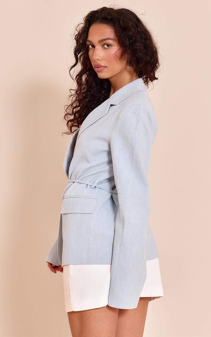 Light Blue Tie Waist Linen Look Blazer Product Image