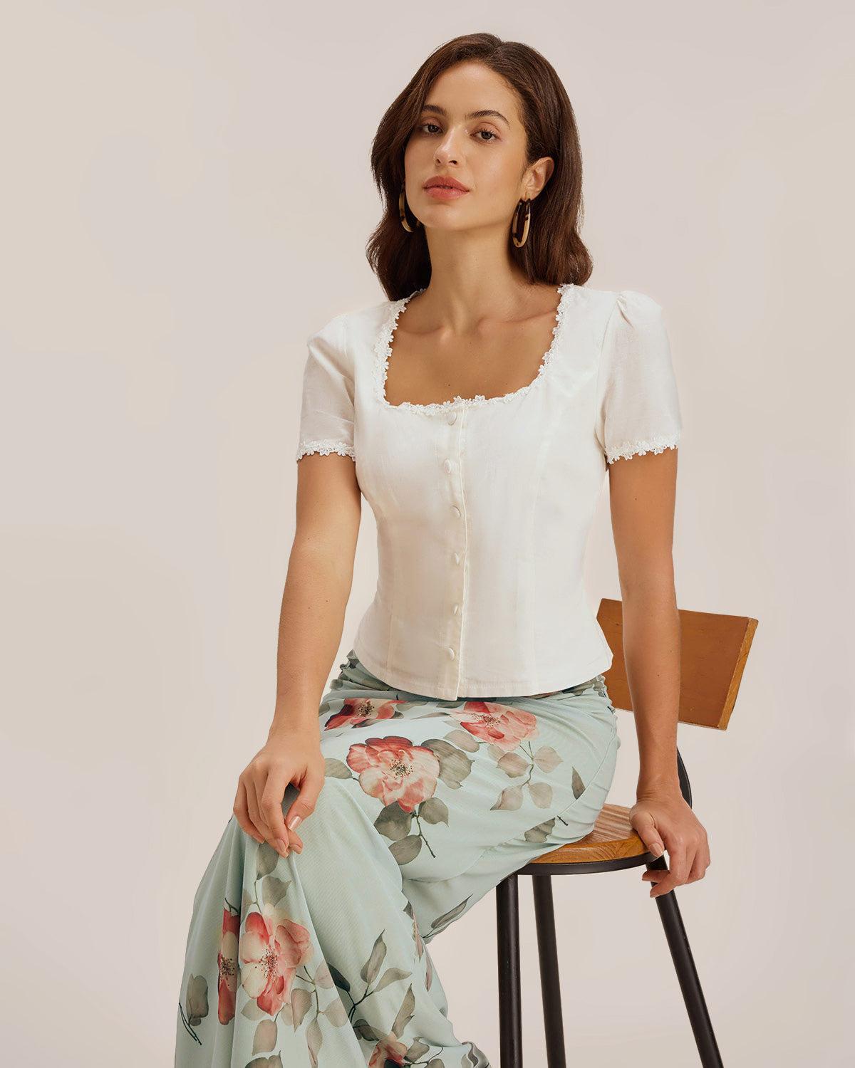 White Square Neck Button Lace Blouse Product Image