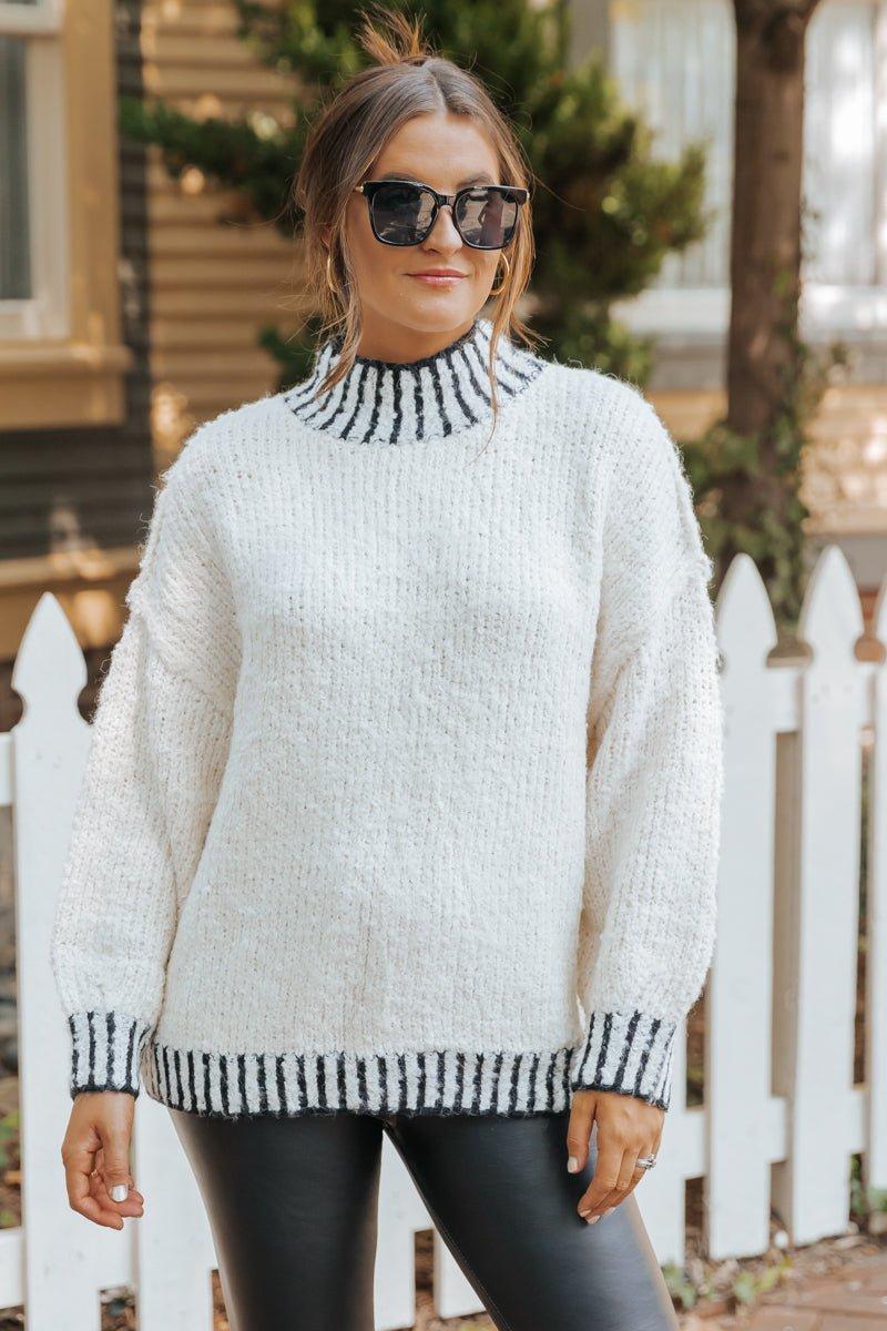 Cream and Black Contrast Stitch Sweater - FINAL SALE Product Image