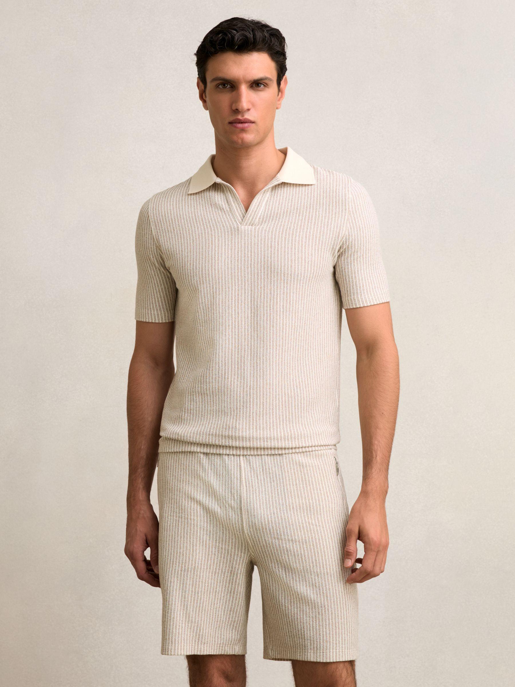 Cotton-Blend Stripe Drawstring Shorts in Ecru/Taupe Brown Product Image