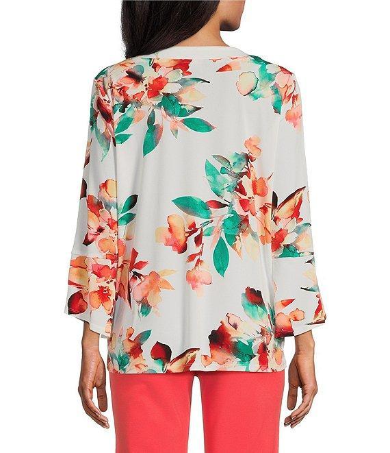 Slim Factor by Investments Scattered Blooms V-Neckline 3/4 Slit Sleeve Top Product Image