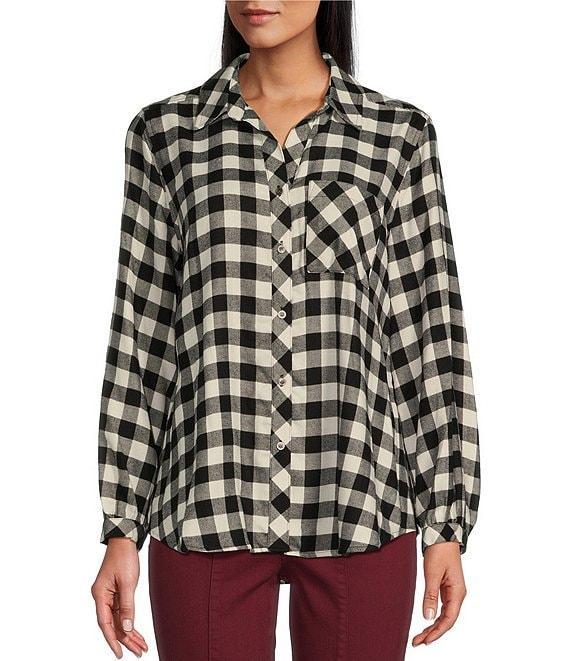 Westbound Buffalo Plaid Long Sleeve Y-Neck Button Front Collared Top Product Image