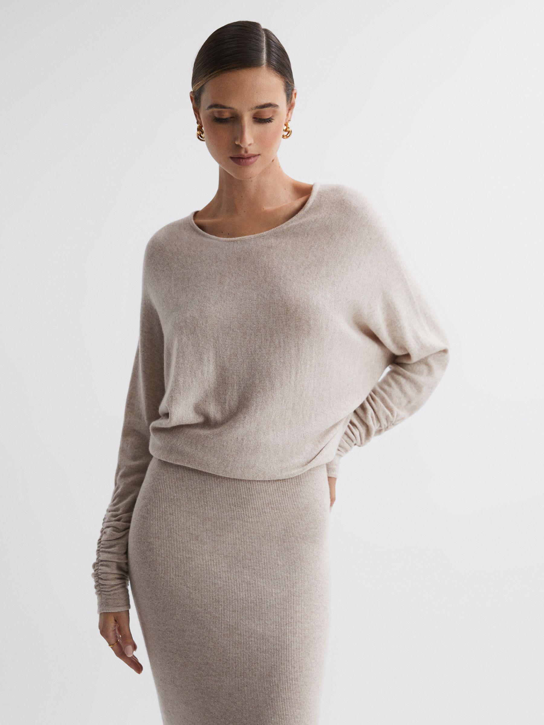 Wool Blend Ruched Sleeve Midi Dress in Neutral Product Image