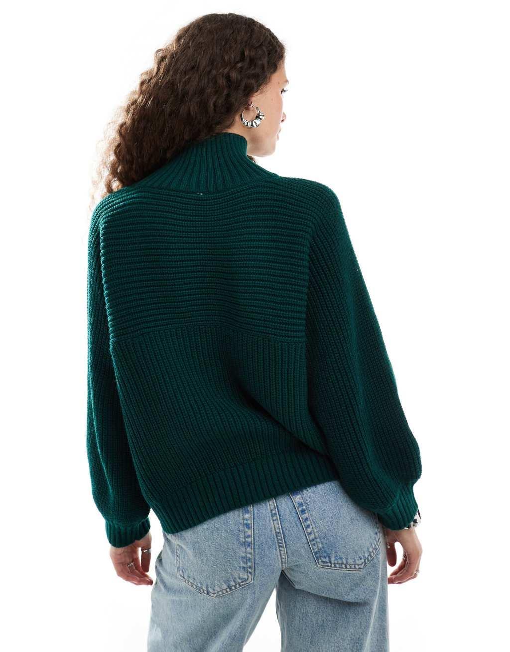 Monki Libby high neck knitted rib sweater in forest green  Product Image