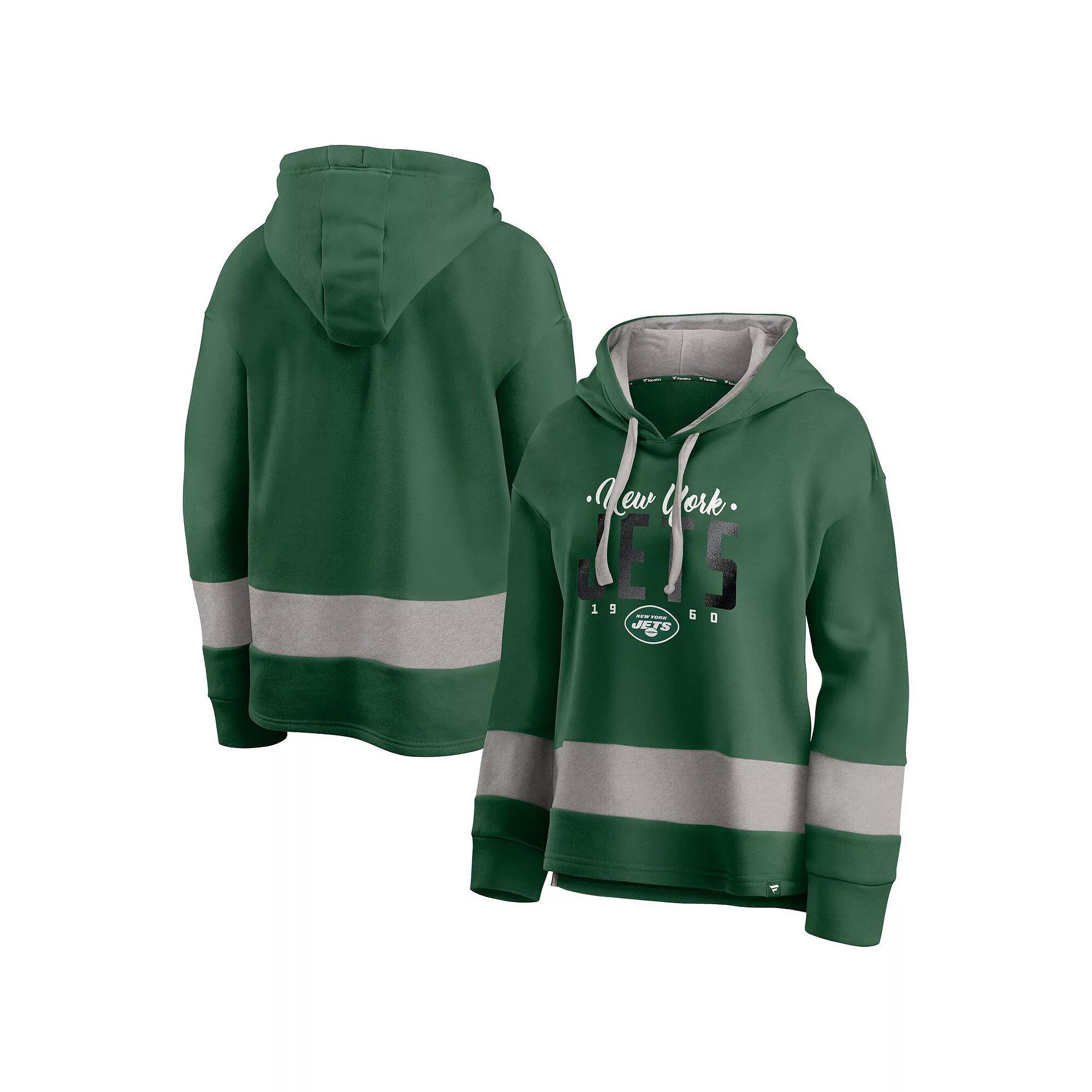 Women's Fanatics Green/Gray New York Jets Huddle Up Fundamental Fleece Color Block Pullover Hoodie, Size: Large Product Image