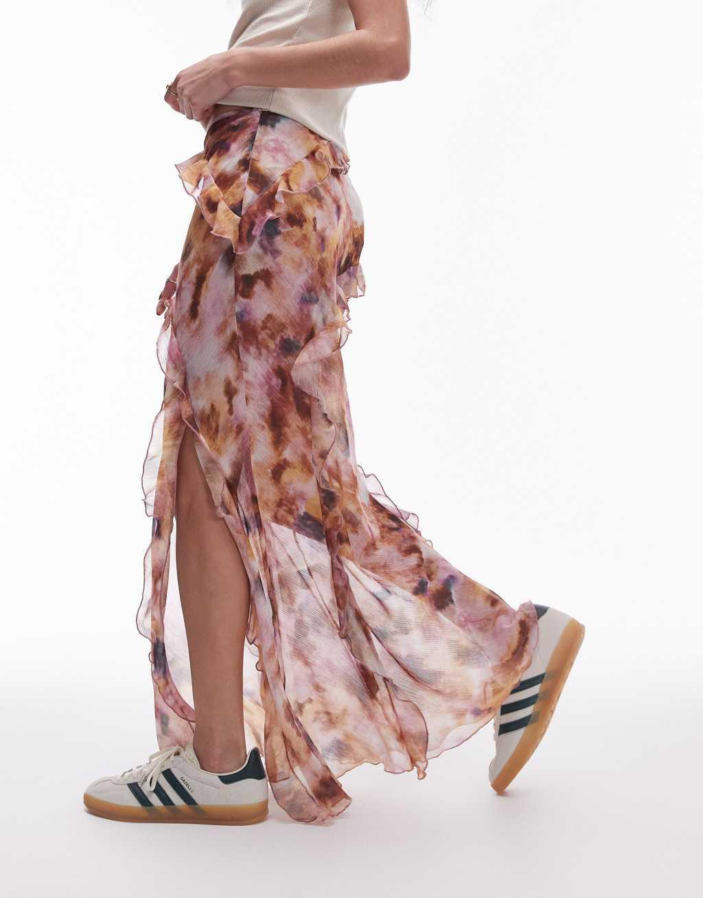 Topshop Ruffle Sheer Maxi Skirt in splodge tie dye Product Image