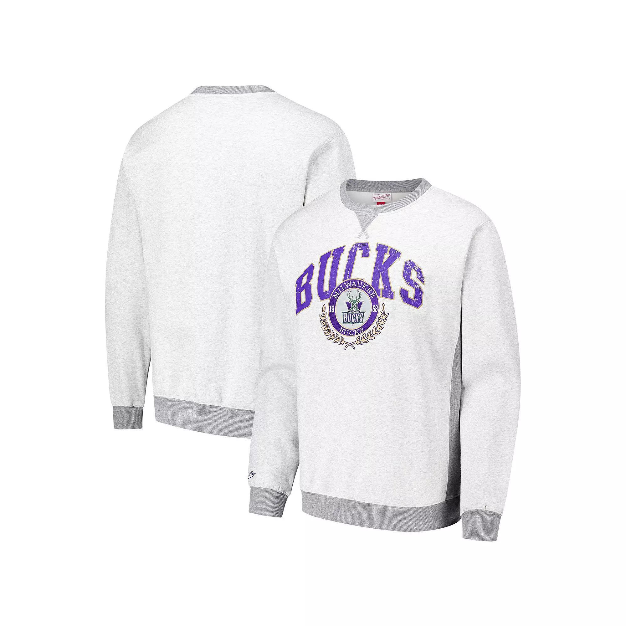 Men's Mitchell & Ness Heather Gray Milwaukee Bucks  Vintage Logo Pullover Sweatshirt, Size: 2XL, Grey Product Image
