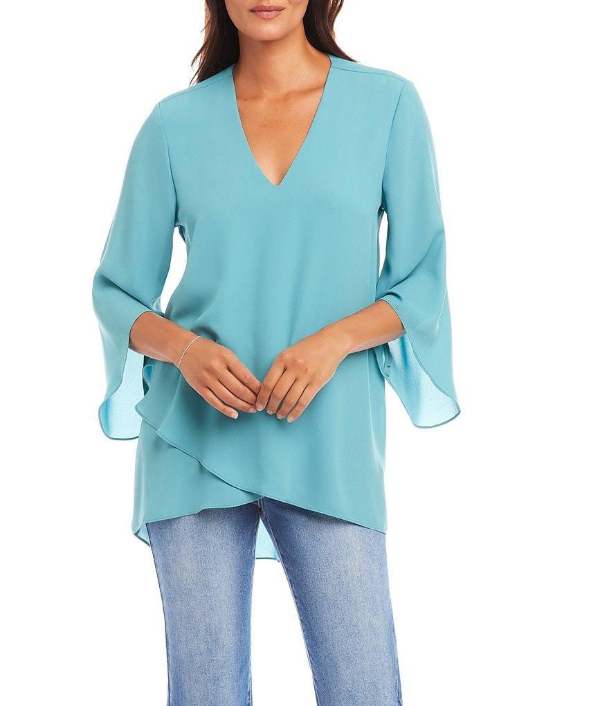 Karen Kane V-Neck 3/4 Sleeve Crossover Hem Silky Crepe Top Product Image