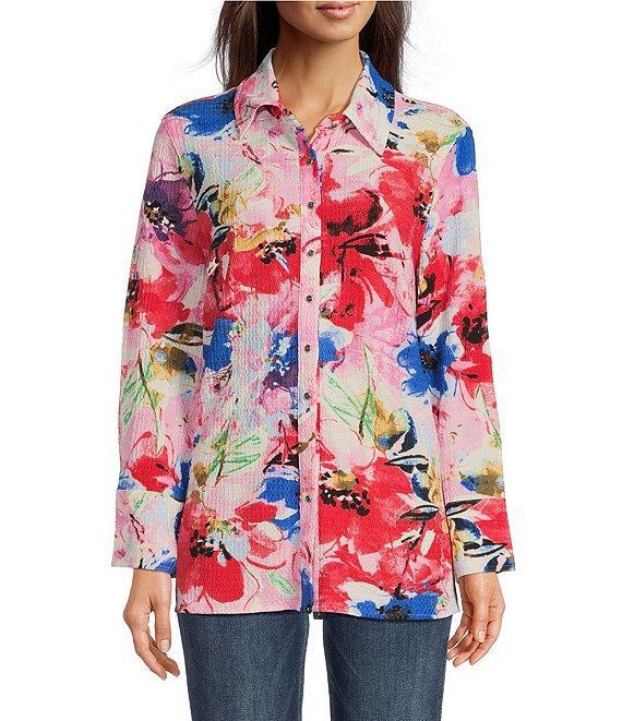 Calessa Antique Floral Print Textured Crinkle Point Collar Long Sleeve Button Front Tunic Product Image