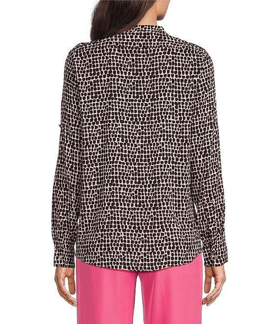 Calvin Klein Crew Neck Printed Roll Sleeve Button Front Blouse Product Image
