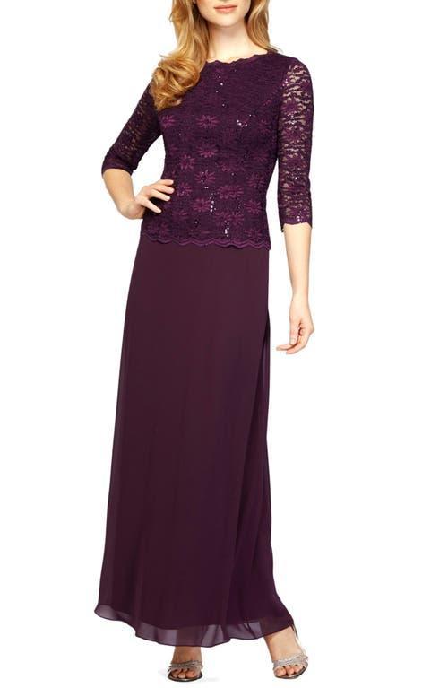 Alex Evenings 34 Sleeve Sequined Lace Crew Neck Scalloped Bodice Chiffon Skirted Gown Product Image