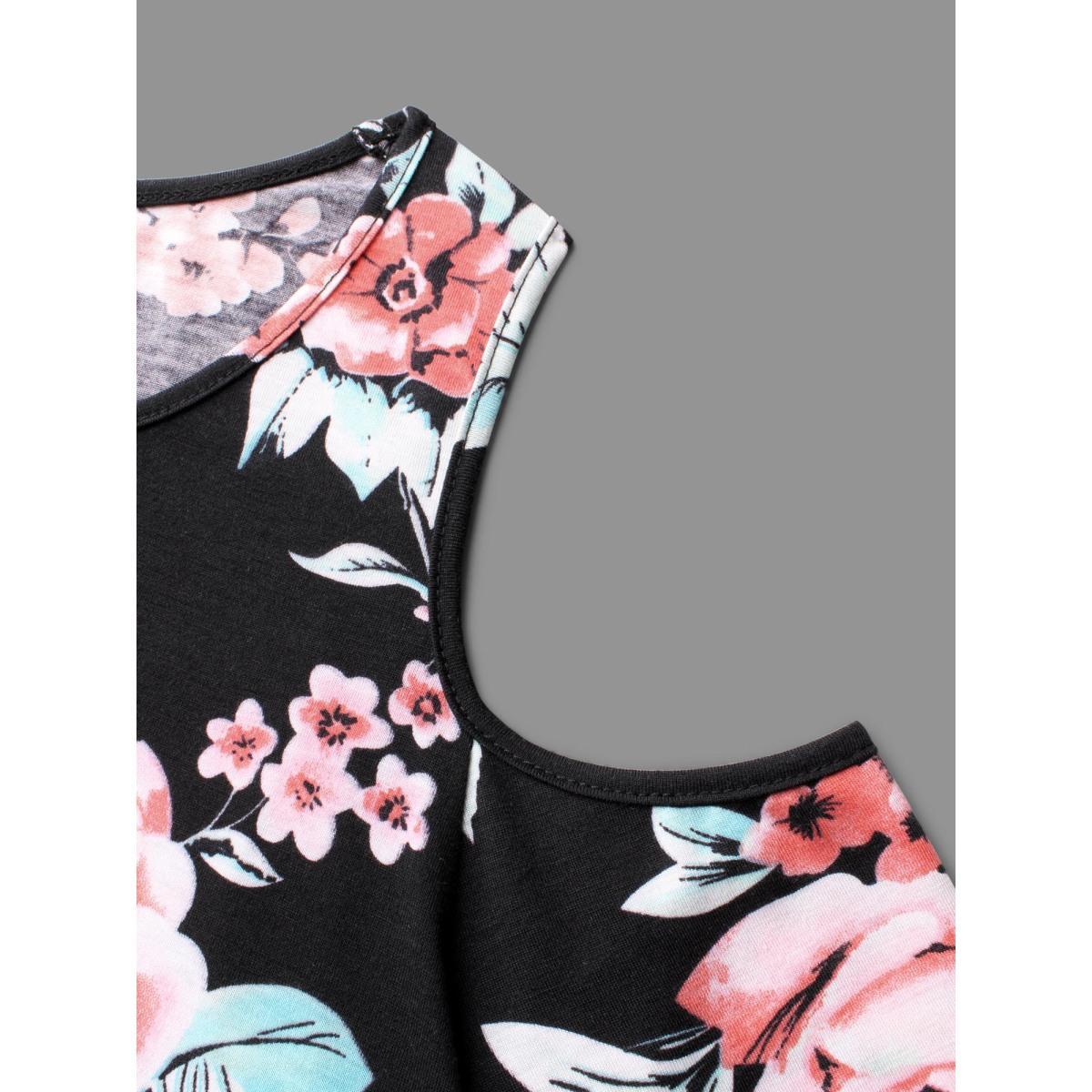 Plus Size Floral Print Shoulder Cut-Out T-shirt Black Women Elegant Contrast Natural Flowers Round Neck Loose Everyday T-shirts BloomChic 18-20/2X Product Image