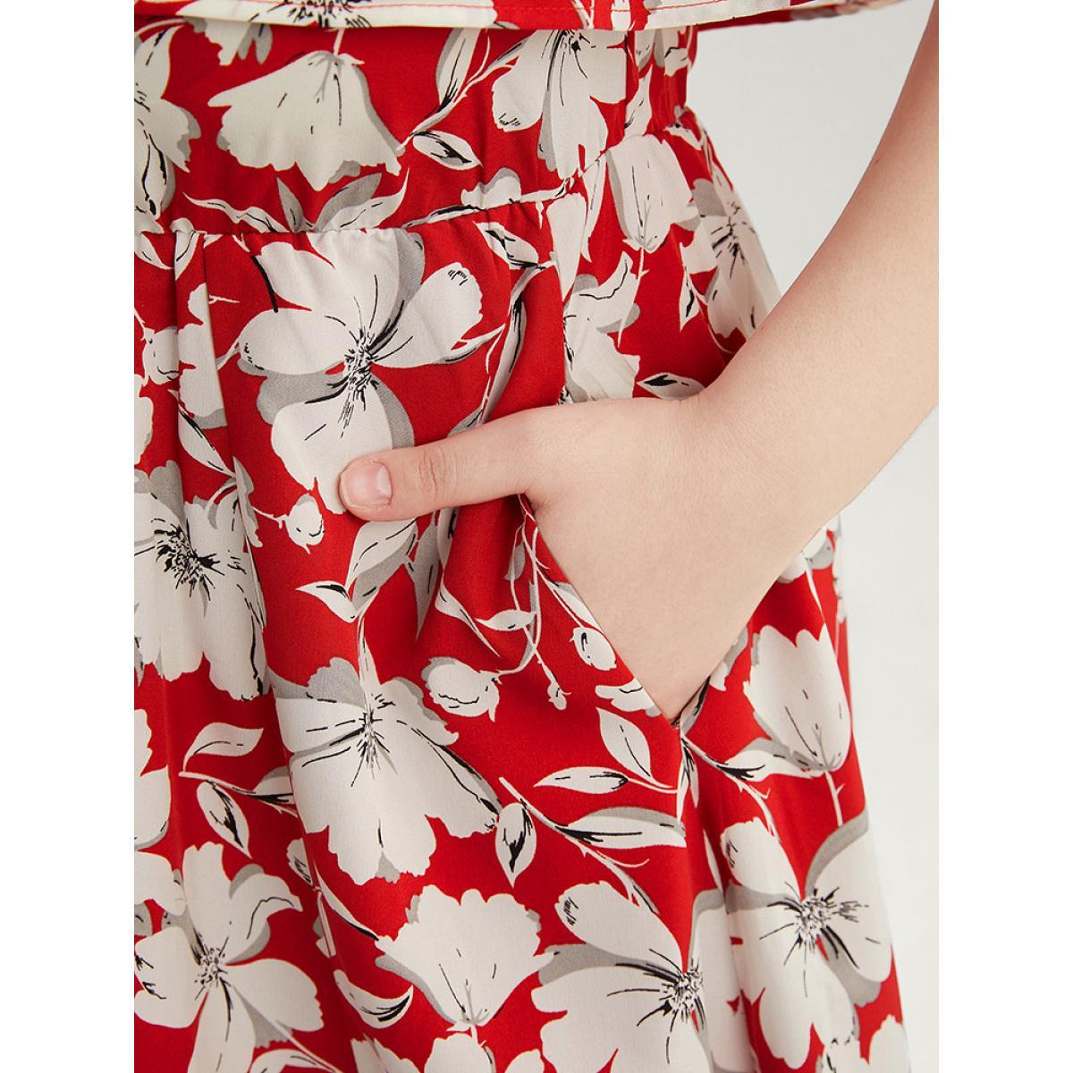 Plus Size Floral Print Pocket Ruffles Trim Split Halter Maxi Dress Scarlet Women Elegant Elastic Waist Halter neck Short sleeve Curvy Long Dress BloomChic 22-24/3X Product Image